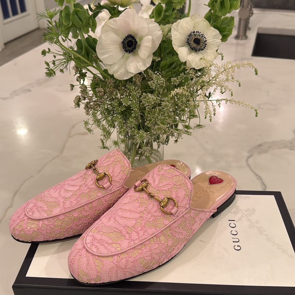 GUCCI 1955 Horsebit Accent Lace Mules